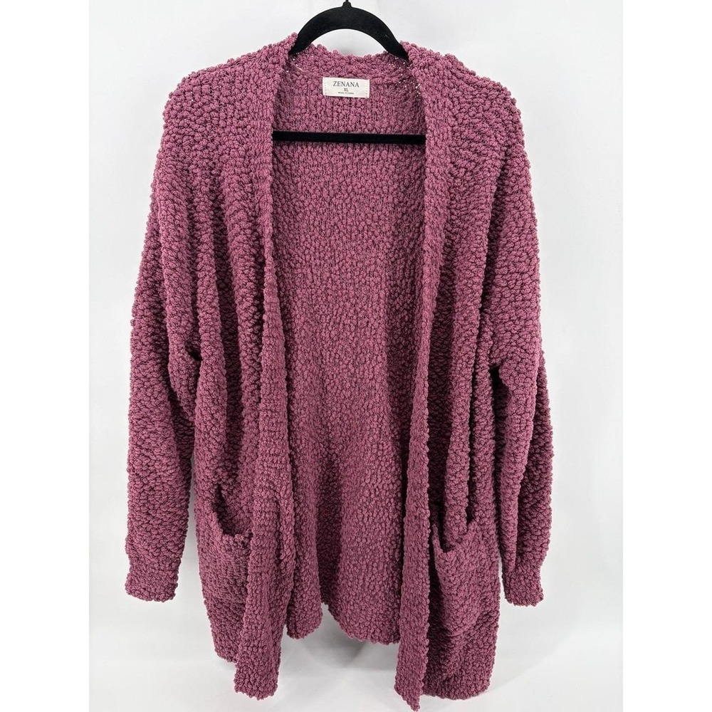 Zenana Cardigan, Purple, Chunky Popcorn Open Front Knit Sweater, Women's Size 1X